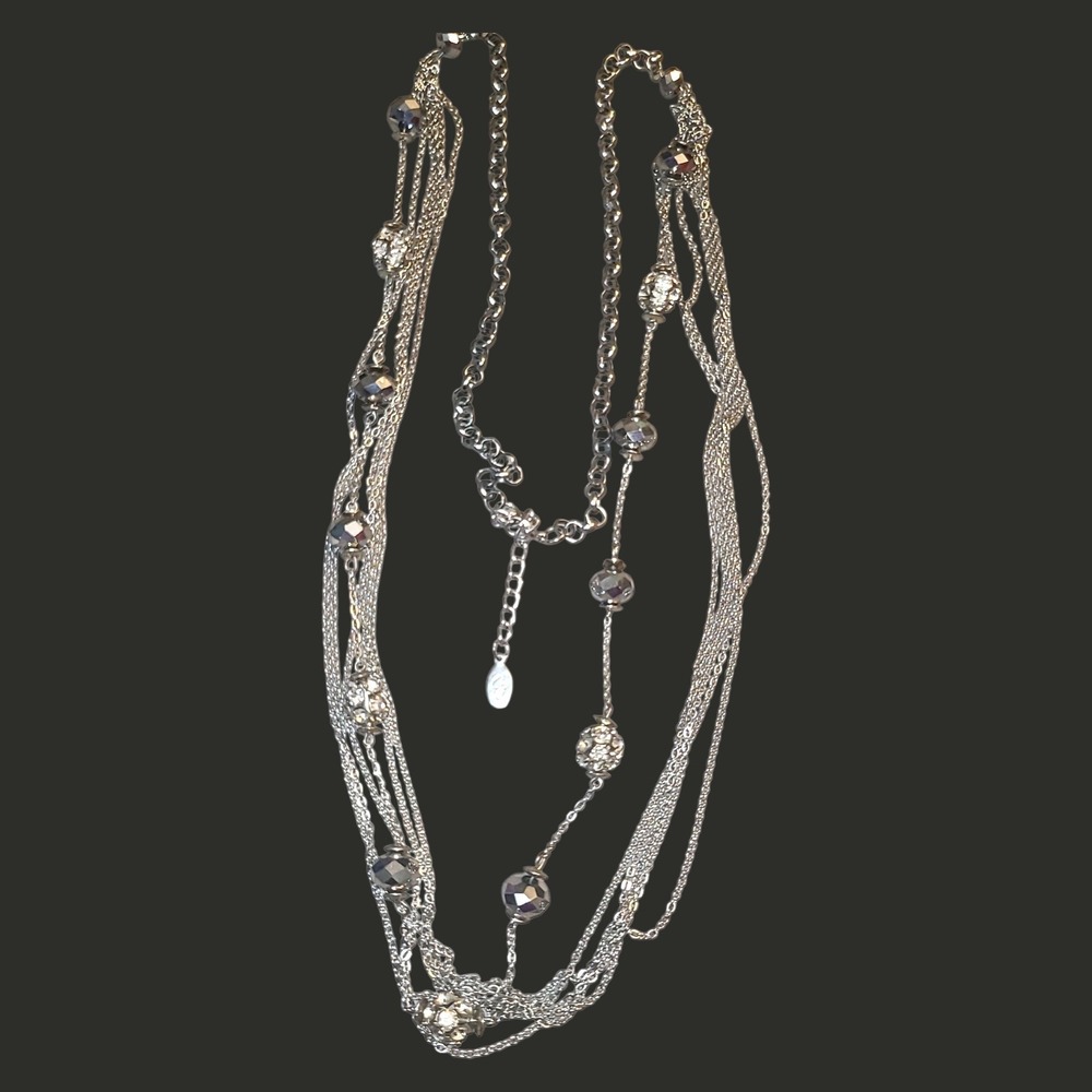 Multi Strand Silver Tone Necklace 40" Crystal Bead Layered Long Y2k Glam‎